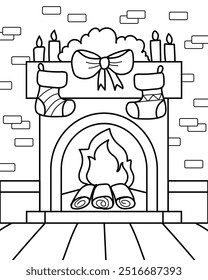 Christmas chimney with presents and candles for Coloring Book