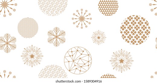 Christmas and Chinese happy new year seamless pattern with Snowflakes and circles. Gold color on White background. Template greeting card in oriental style. Geometric Vector illustration.