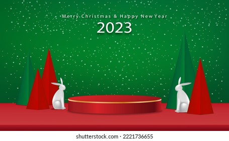 Christmas and Chinese New Year 2023 background with 3d podium,rabbits,Christmas trees paper cut on green background,X-mas pine fir lush tree.Vector Winter holiday composition for Greeting card, banner