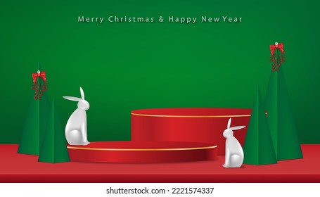 Christmas and Chinese New Year background with 3d podium,rabbits,Christmas trees paper cut on green background,X mas pine fir lush tree. Vector Winter holiday composition for Greeting card, banner