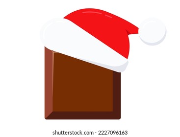Christmas chocolate bar piece in santa claus hat square chunk vector icon. Xmas brown dark, bitter, milky choco part isolated on white background. Flat design cartoon cacao food clip art illustration.