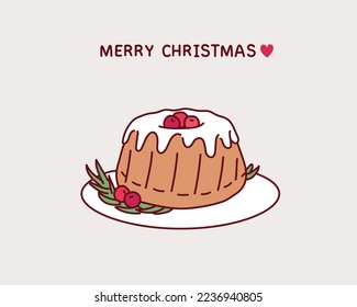 Christmas chocolate bundt cake with glaze decorated with fresh berries and rosemary. Winter baking at Xmas or New Year with decorations. Hand drawn style vector design illustrations.