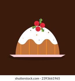 christmas chocolate cake with berries flat vector illustration