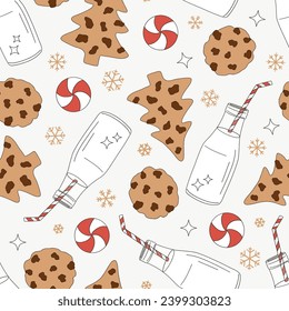 Christmas chocolate chip cookies bottle of milk with cocktail straw peppermint candy vector seamless pattern. Xmas holiday festive season treats sweets snacks food background.