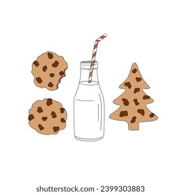 Christmas chocolate chip cookies bottle of milk with cocktail straw vector illustration set isolated on white. Xmas holiday festive season treats sweets snacks food print collection.