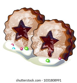 Christmas chocolate cookies with filling in the shape of a star isolated on white background. Vector cartoon close-up illustration.