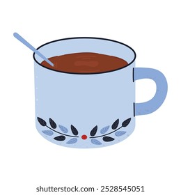 Christmas chocolate drink .Mug with hot drink. Traditional warm cozy chocolate in a simple cup with a spoon . Flat illustration for winter holidays