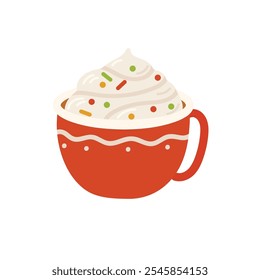 Christmas chocolate drink, winter holiday hot cups, vector icons. Christmas hot chocolate or tea in cups and mugs, hot drinks for New Year and Xmas greeting card
