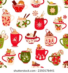 Christmas chocolate and eggnog cups seamless pattern. Festive drink and hot beverage mugs of Xmas winter holidays vector background. Hot chocolate and eggnog cocktail ceramic cups with snowflake decor