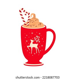 Christmas Chocolate Or Eggnog Drink With Whipped Cream, Cup With Holy Dear Print. Vector Mug Of Winter Holiday Hot Beverage, Cocoa, Egg Nog Cocktail