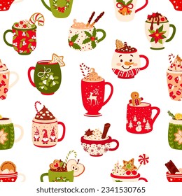 Christmas chocolate and eggnog drinks seamless pattern. Festive cups and mugs of hot beverages vector background, winter holiday cocoa, egg nog and coffee with whipped cream, cinnamon and Xmas cookie