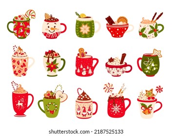 Christmas Chocolate And Eggnog Drinks. Vector Mugs And Cups Of Winter Holiday Hot Beverages, Cocoa, Egg Nog And Coffee Cocktails With Xmas Treats, Cream, Candy Canes, Gingerbread, Cookies, Marshmallow