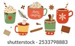 Christmas chocolate and eggnog drinks, winter holiday hot cups, vector icons. Christmas eggnog or milk punch beverages in cups and mugs, hot chocolate drinks for New Year and Xmas greeting card