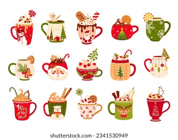 Christmas chocolate and eggnog drinks, winter holiday hot cups, vector icons. Christmas eggnog or milk punch beverages in cups and mugs, hot chocolate drinks for New Year and Xmas greeting card