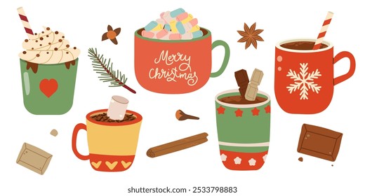 Christmas chocolate and eggnog drinks, winter holiday hot cups, vector icons. Christmas eggnog or milk punch beverages in cups and mugs, hot chocolate drinks for New Year and Xmas greeting card