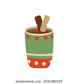 Christmas chocolate and eggnog drinks, winter holiday hot cups, vector icons. Christmas eggnog or milk punch beverages in cups and mugs, hot chocolate drinks for New Year and Xmas greeting card