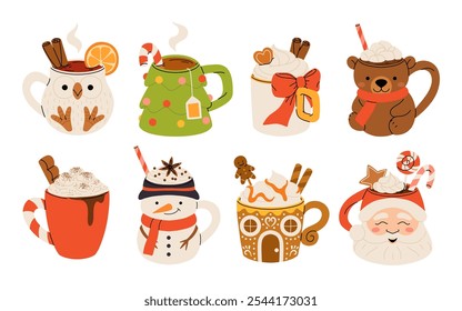 Christmas chocolate and eggnog drinks, winter holiday hot cups, vector icons. Christmas eggnog or milk punch beverages in cups and mugs, hot chocolate drinks for New Year and Xmas greeting card