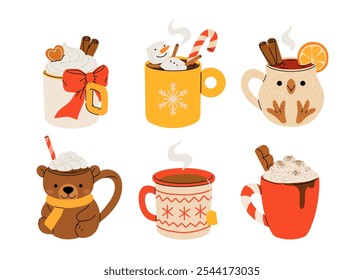 Christmas chocolate and eggnog drinks, winter holiday hot cups, vector icons. Christmas eggnog or milk punch beverages in cups and mugs, hot chocolate drinks for New Year and Xmas greeting card