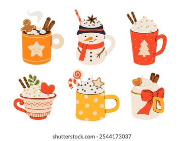 Christmas chocolate and eggnog drinks, winter holiday hot cups, vector icons. Christmas eggnog or milk punch beverages in cups and mugs, hot chocolate drinks for New Year and Xmas greeting card