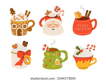 Christmas chocolate and eggnog drinks, winter holiday hot cups, vector icons. Christmas eggnog or milk punch beverages in cups and mugs, hot chocolate drinks for New Year and Xmas greeting card