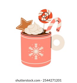 Christmas chocolate and eggnog drinks, winter holiday hot cups, vector icons. Christmas eggnog or milk punch beverages in cups and mugs, hot chocolate drinks for New Year and Xmas greeting card