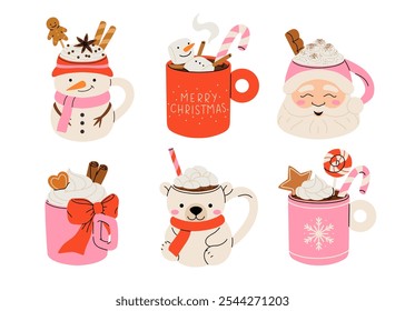 Christmas chocolate and eggnog drinks, winter holiday hot cups, vector icons. Christmas eggnog or milk punch beverages in cups and mugs, hot chocolate drinks for New Year and Xmas greeting card