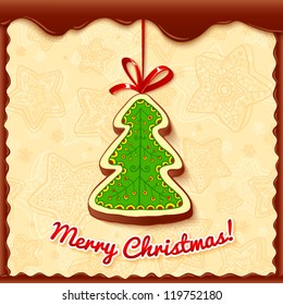 Christmas chocolate gingerbread fir-tree with red ribbon, greetings card