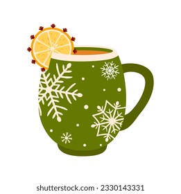 Christmas chocolate hot drink with lemon slice in green cup with snowflakes print. Vector mug of winter holiday beverage, cocoa, eggnog or coffee cocktail