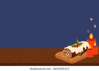 Kerst chocolade log taart met witte kers en hulst decoratie, geplaatst op een houten bord met brandende kaarsen op een donkerblauwe achtergrond. Vector illustratie voor vakantie banners, wenskaarten