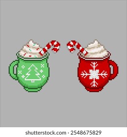 Christmas chocolate in a red and green cup, pixel art drink