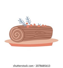 Christmas chocolate yule log with cream swirl and red berries decoration on a plate. Freehand isolated element. Vector flat hand drawn Illustration. Only 5 colors - Easy to recolor.