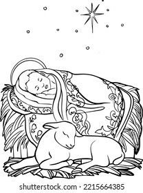 Christmas Christian baby Jesus nativity scene vector illustration sketch doodle hand drawing and black lines isolated white background 