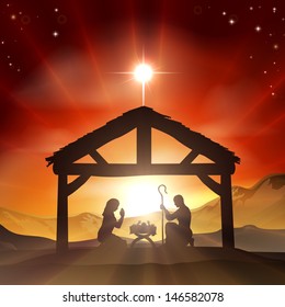 Christmas Christian Nativity Scene With Baby Jesus In The Manger In Silhouette, And Star Of Bethlehem