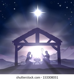 Christmas Christian nativity scene with baby Jesus in the manger in silhouette, and star of Bethlehem