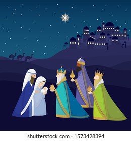 Christmas Christian Nativity Scene of baby Jesus with Mary, Joseph and the three wise men magi with city of Bethlehem in distance. 