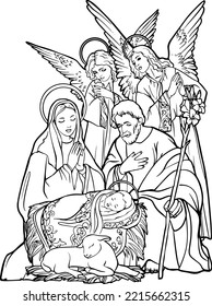 Christmas Christian Nativity Scene of baby Jesus in manger with Mary and Joseph vector illustration sketch doodle hand drawn with black lines isolated on white background.