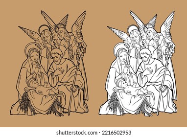 Christmas Christian Nativity Scene of baby Jesus in manger with Mary and Joseph vector illustration sketch doodle hand drawn with black lines isolated on white background.  For coloring books.