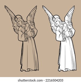 Christmas Christian Nativity Scene of baby Jesus in manger with Mary and Joseph vector illustration sketch doodle hand drawn with black lines isolated on white background.  For coloring books.