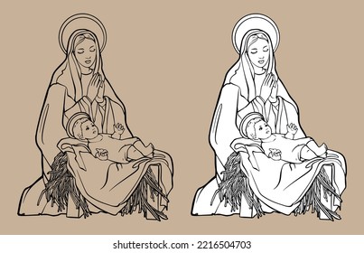 Christmas Christian Nativity Scene of baby Jesus in manger with Mary vector illustration sketch doodle hand drawn with black lines isolated on white background.  For coloring books and your design.