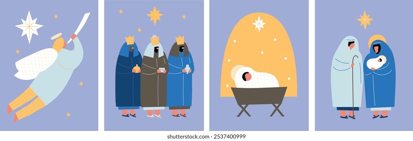 Christmas Christian Nativity scene of baby Jesus in a manger. Postcard in modern flat abstract style. Bethlehem city and Christmas star. Nursery religion illustration. Star as miraculous sign.	
