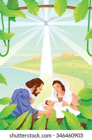 Christmas Christian nativity scene with baby Jesus and Holy Spirit.