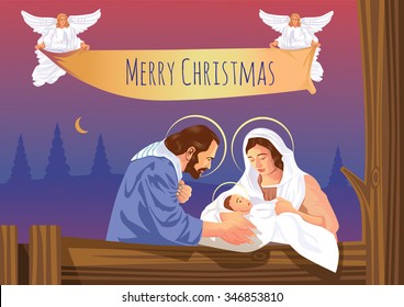 Christmas Christian nativity scene with baby Jesus and angels.
