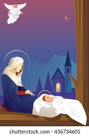 Christmas Christian nativity scene with baby Jesus and angels.