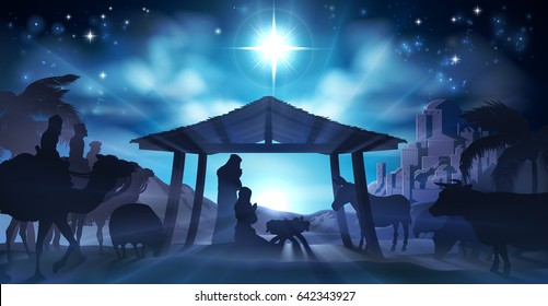 Christmas Christian Nativity Scene of baby Jesus in the manger with Mary and Joseph in silhouette surrounded by animals and the three wise men magi with the city of Bethlehem in the distance