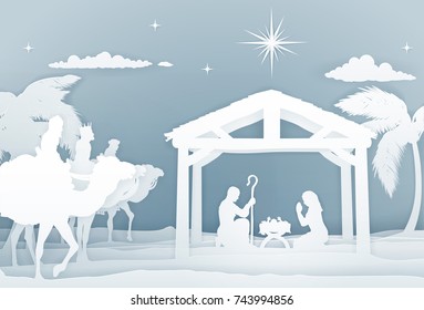 Christmas Christian Nativity Scene of baby Jesus in the manger with Mary and Joseph in silhouette. With the three wise men magi. In a vintage paper art style.