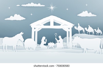 Christmas Christian Nativity Scene of baby Jesus in the manger with Mary and Joseph in silhouette. Surrounded by animals and the three wise men magi. In a vintage paper art style.