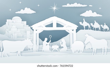 Christmas Christian Nativity Scene of baby Jesus in manger with Mary and Joseph silhouetteS. Surrounded by animals and three wise men magi with city of Bethlehem in distance. vintage paper art style.