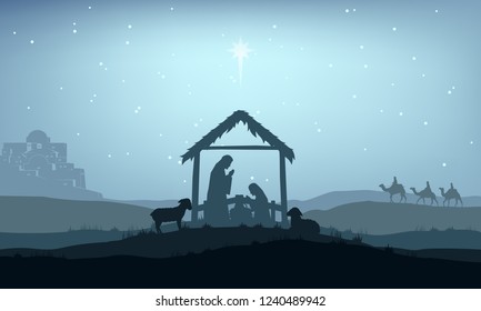 Christmas christian nativity scene, illustration Birth of Christ, Christmas Manger scene with baby jesus surrounded by animals and the three wise men.