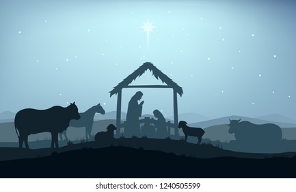 Christmas Christian Nativity Scene, Illustration Birth Of Christ, Christmas Manger Scene With Baby Jesus Surrounded By Animals And The Three Wise Men.