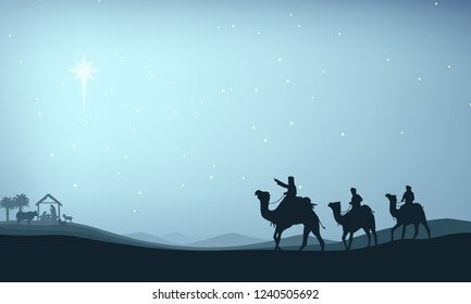 Christmas christian nativity scene, illustration Birth of Christ, Christmas Manger scene with baby jesus surrounded by animals and the three wise men.